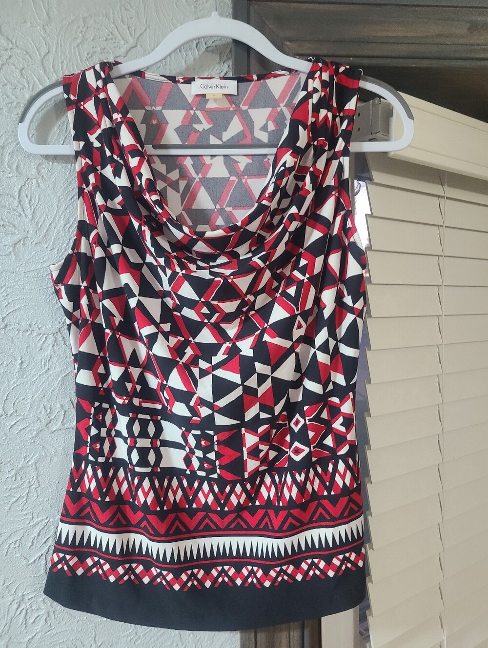 Calvin Klein Red Black White Geometric Cowl Neck Tank